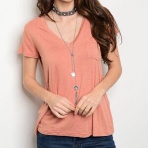 Coral V-Neck Short Sleeve Women's Top